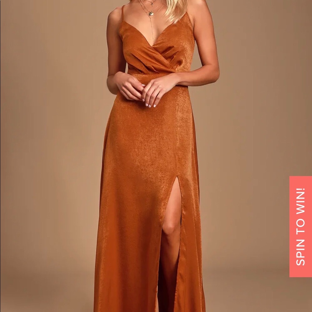 Lulus Constantine Rust Orange Satin Maxi Dress